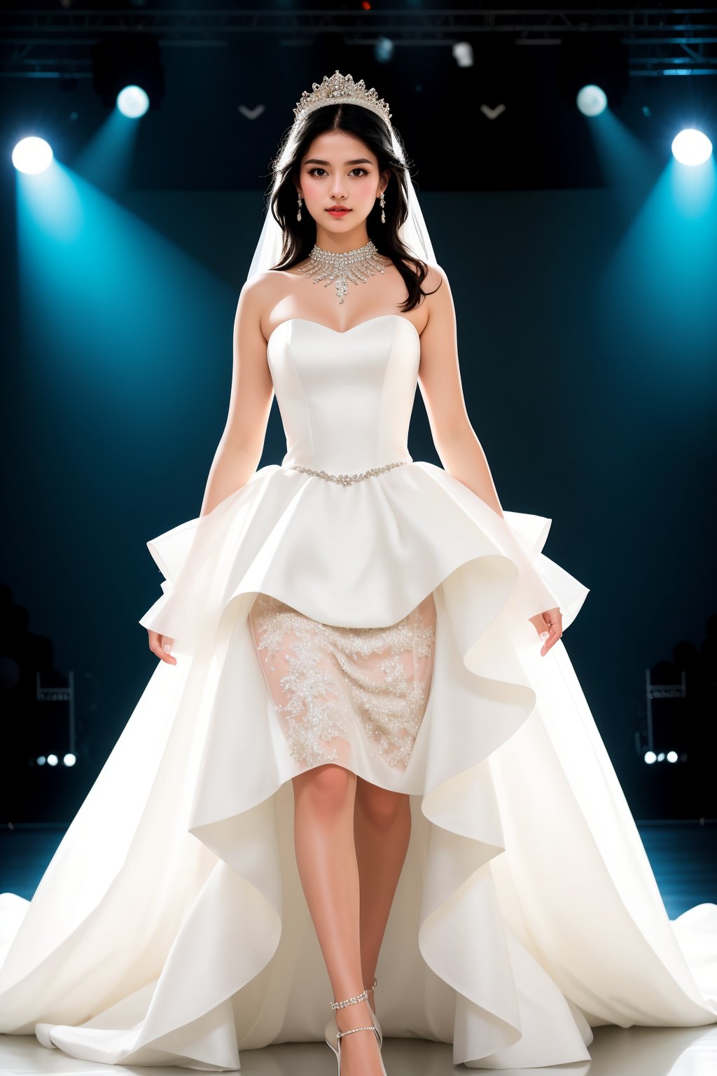 1girl,wedding dress,black hair,dress,bare shoulders,jewelry,full body,white dress,see-through,ring,walking,realistic,simple background,stage lighting,gloves,<lora:lbc_wedding_dress_v1.0-SUM:1>,