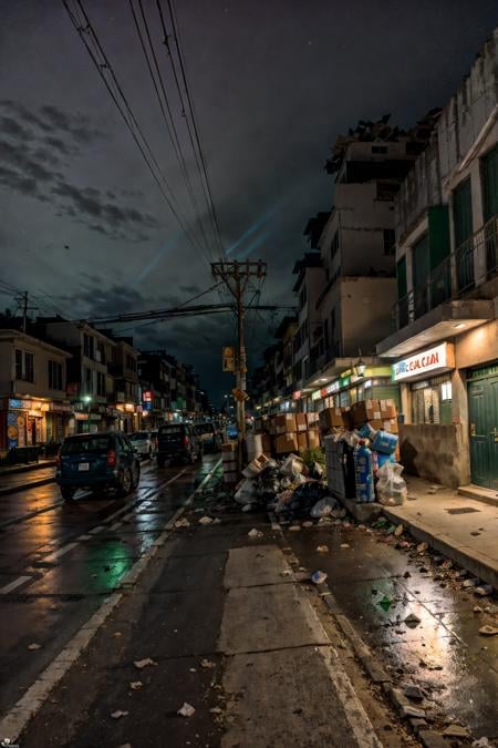 RAW photo,subject,8k uhd,dslr,soft lighting,high quality,film grain,Fujifilm XT3,,ruanyi0042,no humans,bottle,box,bucket,building,cardboard box,cup,fence,food,lamppost,paper bag,plant,plastic bag,power lines,road,rubble,ruins,soda can,street,traffic light,trash bag,tree,window,,dark,night,<lora:0042 garbage city_v2:1>,<lora:detail_slider_v4:1>