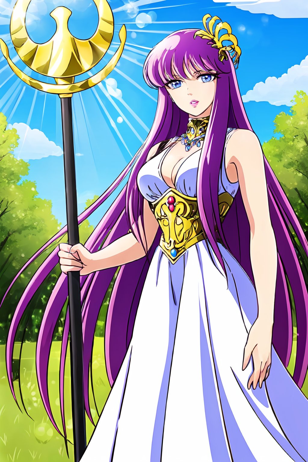 best quality, masterpiece, highres, official art, ultra detailed,cowboy shot, outdoors, scenery, sky, cloud, ancient greece, lens flare, tree,kido_saori, solo, saori_sleeveless_white_dress, purple hair, blue eyes, looking at viewer, long hair, bangs, large breasts, parted lips, holding staff, staff_nikke, saori_accessories, hair ornament, <lora:kido saori5-000007:0.8>