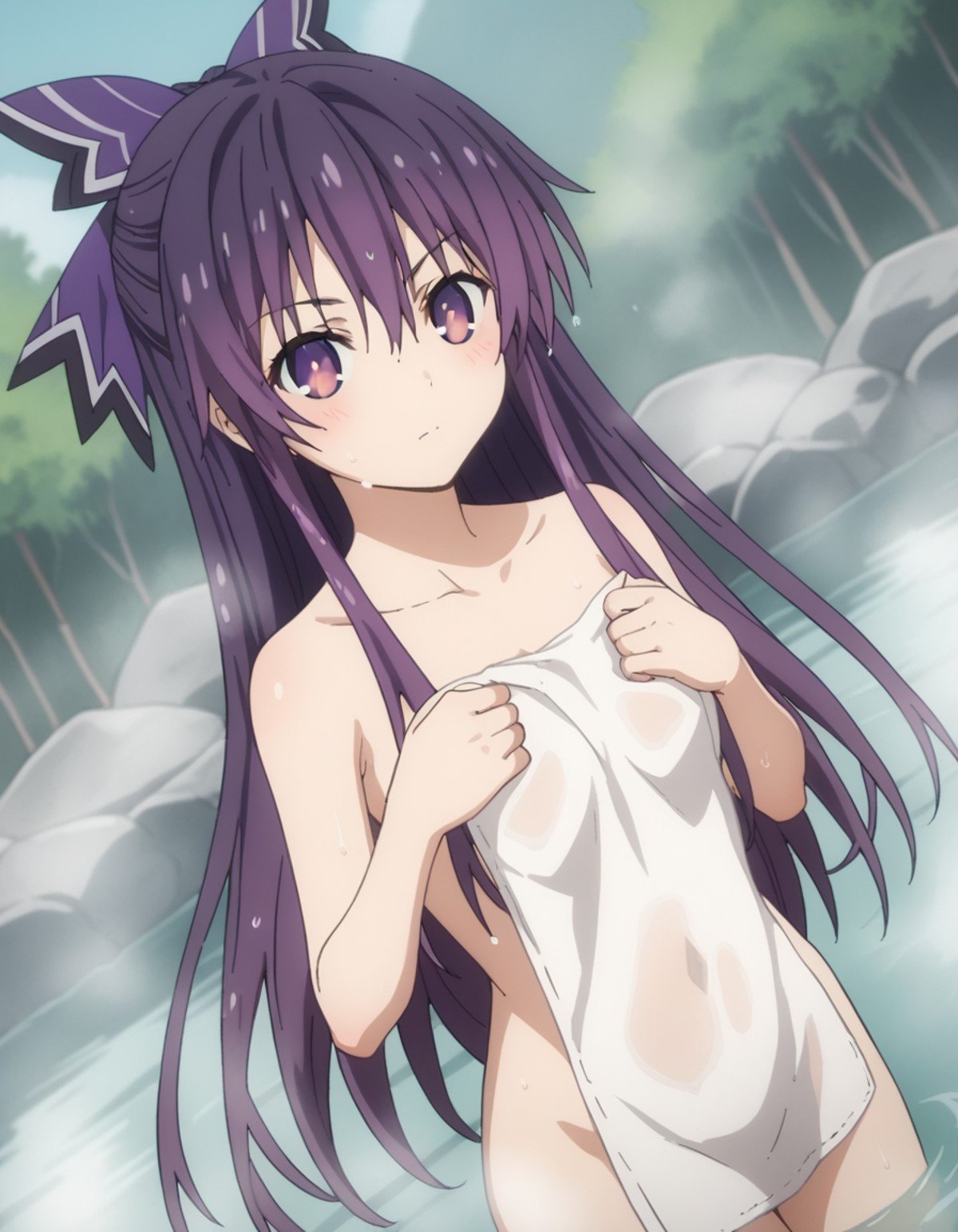 score_9, score_8_up, score_7_up, source_anime,tookayatogami, <lora:tooka-yatogami-s4s5-ponyxl-lora-nochekaiser:1>,tooka yatogami, hair ribbon, purple eyes, purple hair, long hair, ribbon,nude, naked, outdoors, onsen, towel, naked towel, steam, bathing, nude cover, partially submerged, water, bath, steam censor, wet towel, blush,looking at viewer, solo, cowboy shot, dutch angle,