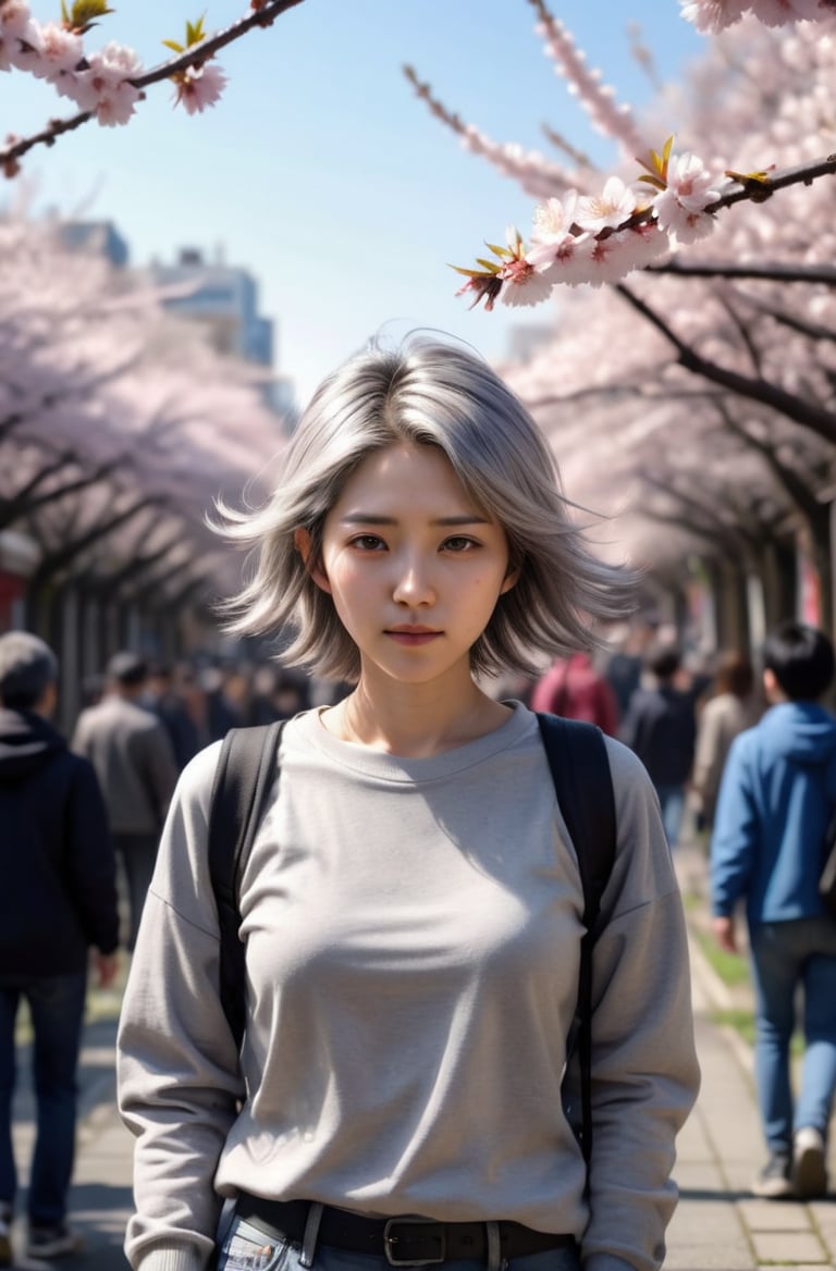 masterpiece of photorealism, photorealistic highly detailed 8k photography, best hyperrealistic quality, volumetric lighting and shadows, spiky hair grey hair young woman in casual clothes, Japanese Cherry Blossom Tunnels full of busy people, Static Shot with Changing Seasons