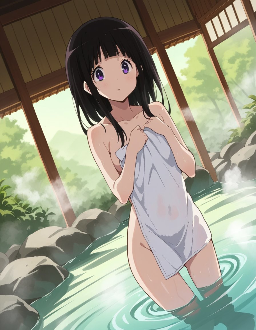 score_9, score_8_up, score_7_up, source_anime,eruchitanda, <lora:eru-chitanda-s1-ponyxl-lora-nochekaiser:1>,eru chitanda, long hair, black hair, bangs, blunt bangs, purple eyes, sidelocks,nude, naked,outdoors, onsen, towel, naked towel, steam, bathing, nude cover, partially submerged, water, bath, steam censor, wet towel,looking at viewer, cowboy shot, dutch angle,