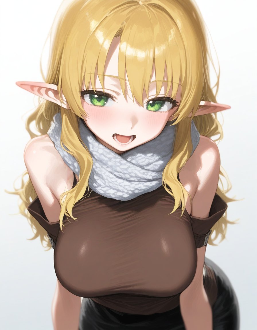 1girl, bare shoulders, biting own lip, black shirt, black skirt, blonde hair, blush, breasts, brown shirt, detached sleeves, green eyes, half updo, large breasts, medium hair, open mouth, pointy ears, scarf, shirt, simple background, skirt, solo, undershirt, upper body, white background, white scarf 