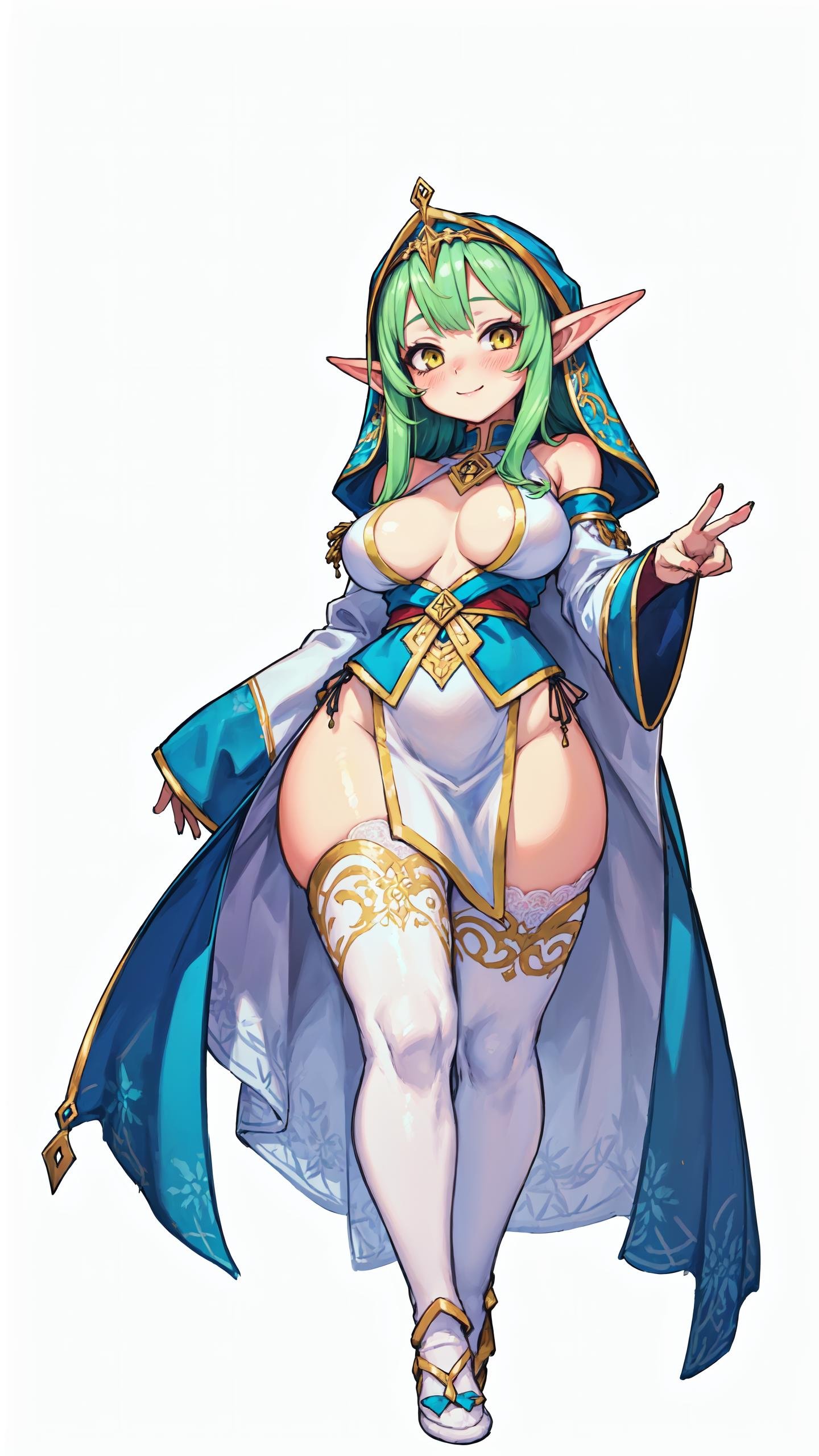 masterpiece, best quality, highres, extremely detailed, (watercolor \(medium\), cg illustration),((white background, 1girl as priestess elf with pointy ears)) anddetailed face and glossy detailed yellow eyes and sagging breasts,(painterly, depth of field), fine details, ((nsfw)), (solo, female focus, solo focus), face focus,(she wears white side slit white robe and detached sleeves and green veil and circlet and sun print and lace thighhighs),(looking at viewer, blushing, calm, elegant), confident, light smile,bursting breasts,upright,full body, medium shot, dynamic lighting,(sharp, cel shading), outline, toon \(style\), fantasy, baroque, traditional media,<lora:add_detail:0.1>,