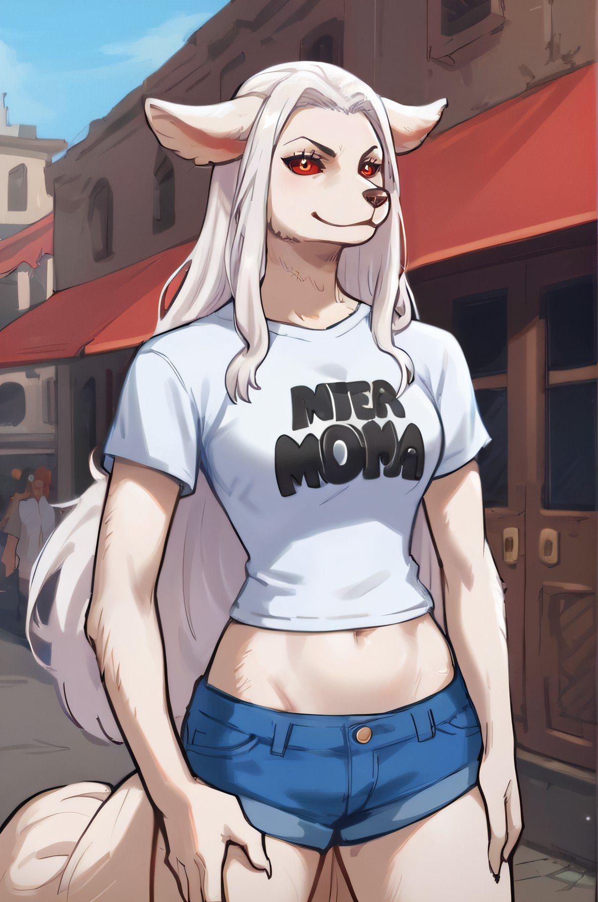 score_9, score_8_up, score_7_up,wanda, sulong form,  dog girl, furry,body fur, white fur, very long hair, white hair, red eyes, lack sclera, animal ears, dog ears, tail, very long tail, animal face, snout, t-shirt, white shirt, short sleeves, midriff, short shorts, street, hand in pocket, standing, smile,<lora:wanda-pony:0.85> <lora:Smooth Style 2 SDXL_LoRA_Pony Diffusion V6 XL:0.8>