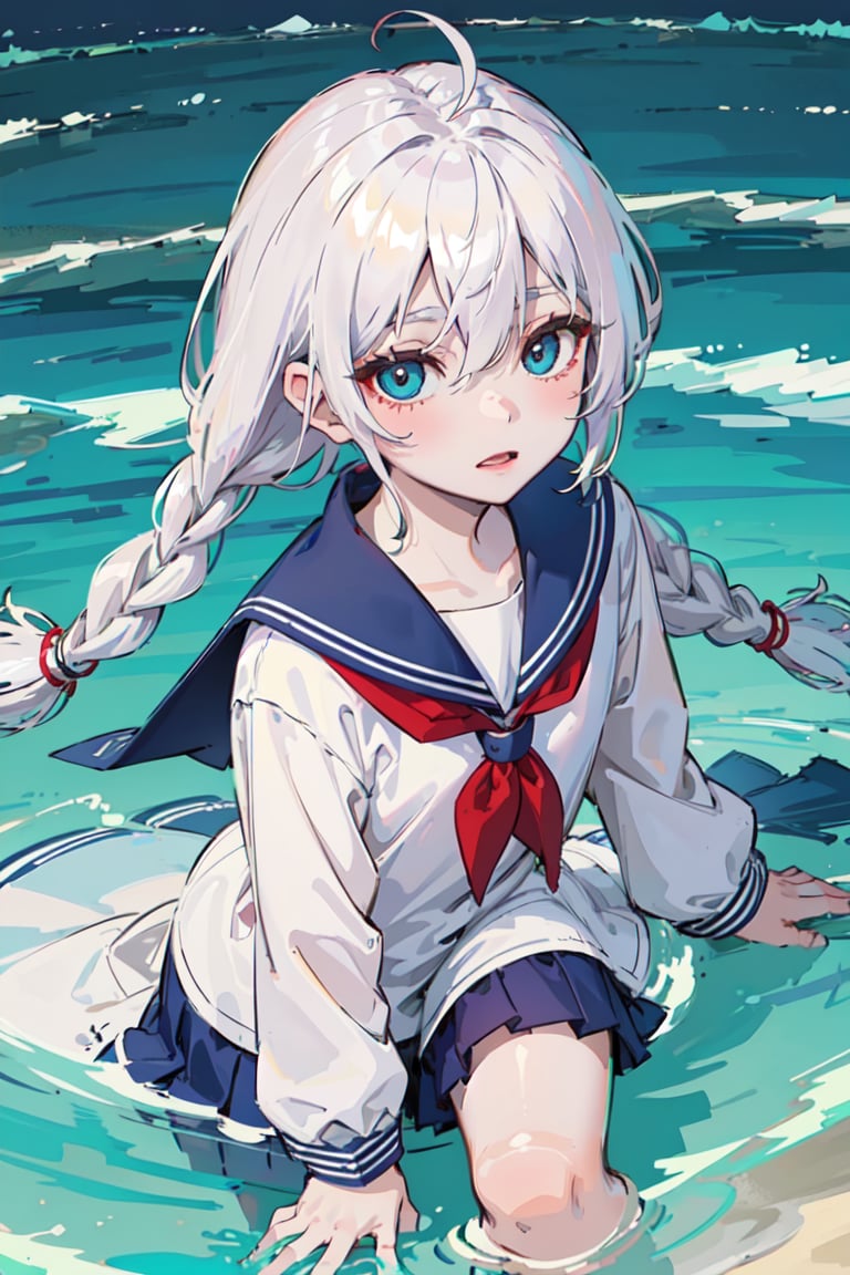 best quality, high resolution, distinct image, (sidelighting, finely detailed beautiful eyes: 1.2) (hair between eyes) (water girl) (frost) (pale skin:1.4) (water element) (soft) (forest) ((hair covering eye)) ((braids)) ((child)) ((sailor school outfit)) ((fairy))