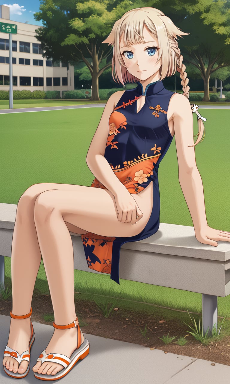 full body, park <lora:ONE_CeVIO:1> ONE_CeVIO,blue eyes,blonde,orange tint,single braid,hair flaps,emblem choker,print_cheongsam, sandals