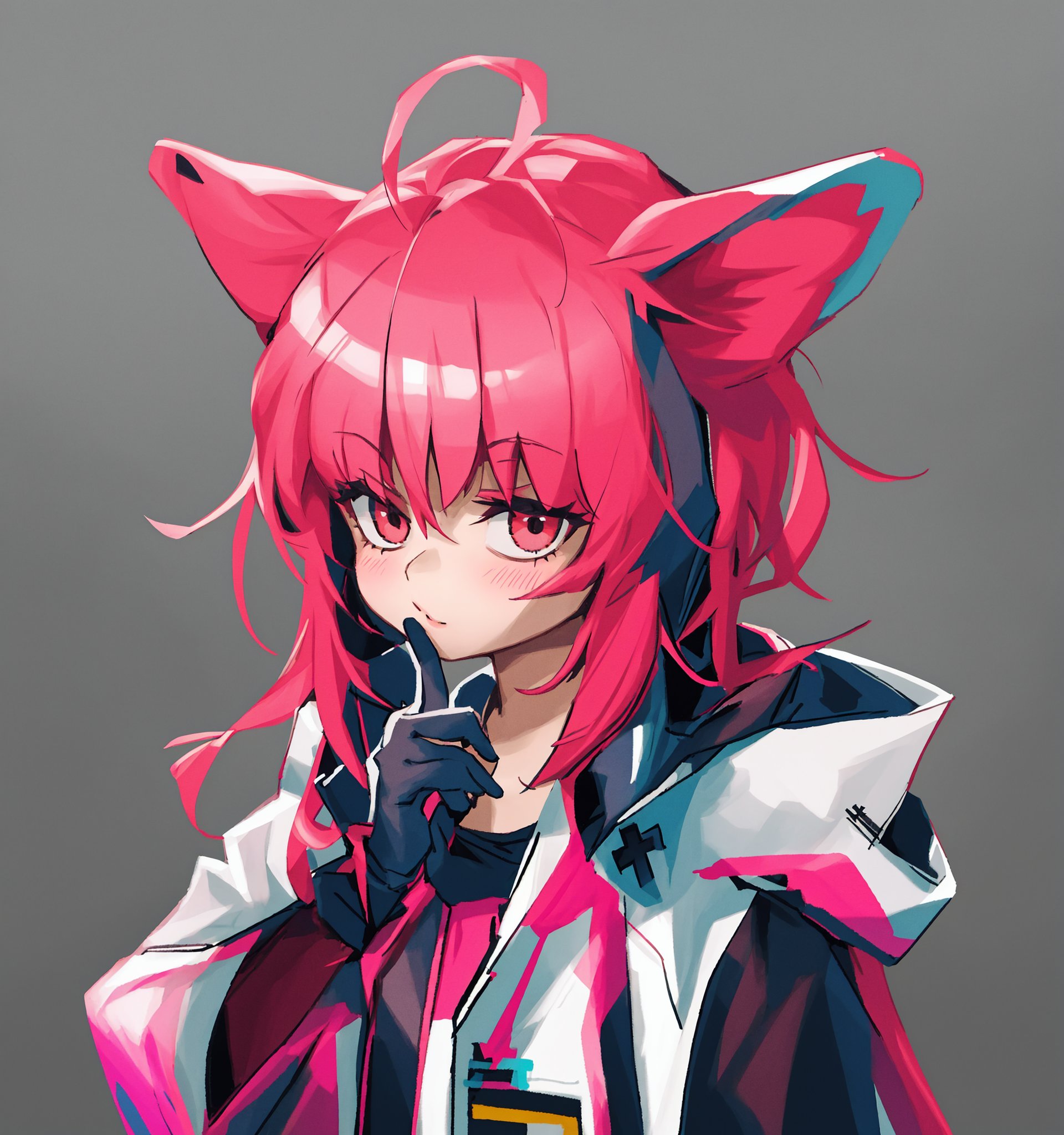 1girl, solo, looking at viewer, upper body, animal ears, pink hair, bangs, closed mouth, finger to mouth, shirt, black shirt, gloves, hooded jacket, hood down, open clothes,best quality,amazing quality,very aesthetic,absurdres,