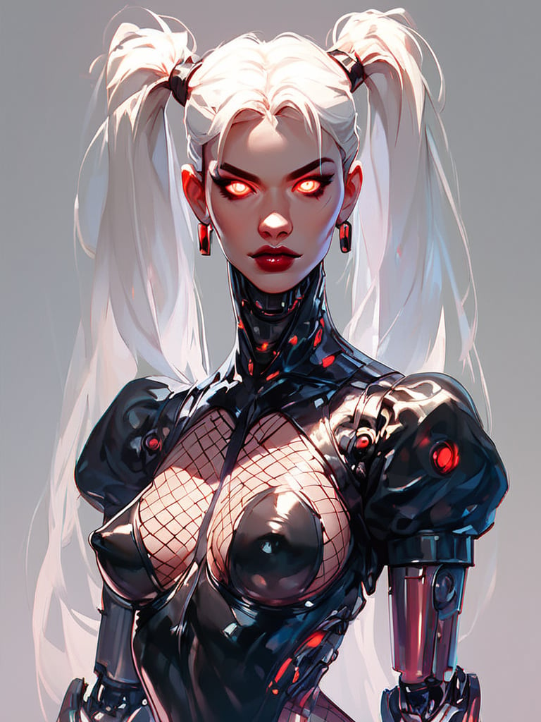 score_9, score_8_up, score_7_up, score_6_up, score_9, score_8_up, score_7_up, score_6_up, BREAK,1girl, puffy sleeves, puffy nipples, latex, bodysuit, mechanical arms, mechanical legs, mechanical eye, glowing eyes, standing,arched back, simple background, white hair, long hair, looking at viewer, upper body, fishnets, twintails, lipstick, facing viewer, covered nipples, <lora:xl_more_art-full_v1:0.25>, <lora:Stylized_Galactic:1>