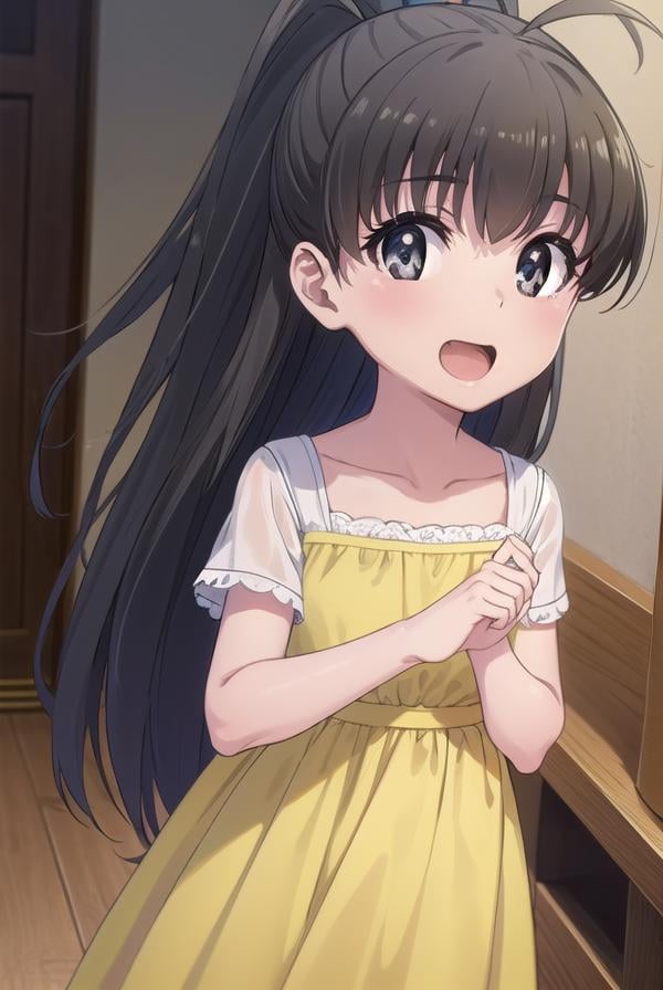 hinatakanashi, <lora:hina takanashi s1-lora-nochekaiser:1>,hina takanashi, long hair, black hair, (black eyes:1.3), ponytail, antenna hair, child, smile, open mouth,BREAK dress, yellow dress, short sleeves,BREAK indoors,BREAK looking at viewer, (cowboy shot:1.5),BREAK <lyco:GoodHands-beta2:1>, (masterpiece:1.2), best quality, high resolution, unity 8k wallpaper, (illustration:0.8), (beautiful detailed eyes:1.6), extremely detailed face, perfect lighting, extremely detailed CG, (perfect hands, perfect anatomy), 