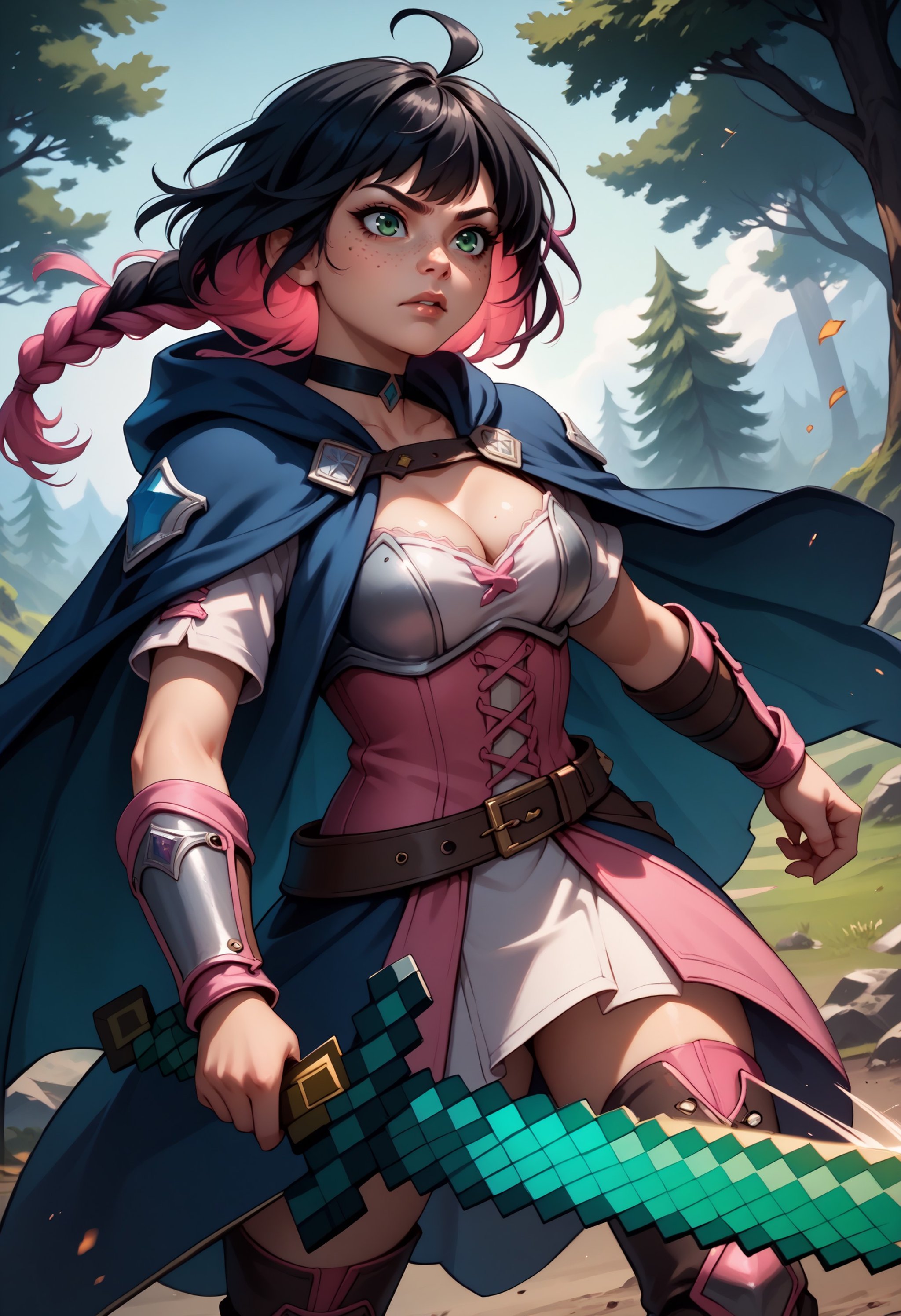 score_9, score_8_up, score_7_up BREAK solo, 1girl, ahoge, black hair, pink dyed hair, bangs, braid, green eyes, freckles, leather armor, fur trim, short sleeves, hooded cape, blue cape, hood down, thighhighs, belt, bracer, choker, breasts, cleavage, battle, attack, diamond sword, holding weapon, holding sword, motion blur, tree <lora:DiamondSword_XLPD:0.8>