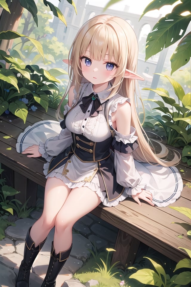 insanely detailed, absurdres, ultra-highres, ultra-detailed, best quality,1girl, solo, nice hands, perfect handsBREAKelf girl, bootsBREAKsitting on branch,from above,looking up,cowboy shot, looking at viewerBREAKslender, kawaii, perfect symmetrical face, ultra cute girl, ultra cute face, ultra detailed eyes, ultra detailed hair, ultra cute, ultra beautifulBREAKin forest, ground, leaf, butterfly, (wide shot magnificent view:1.2),(dappled sunlight:1.2), blurry, (depth of field:1.1)BREAKshiny hair, blonde hair, blunt bangs