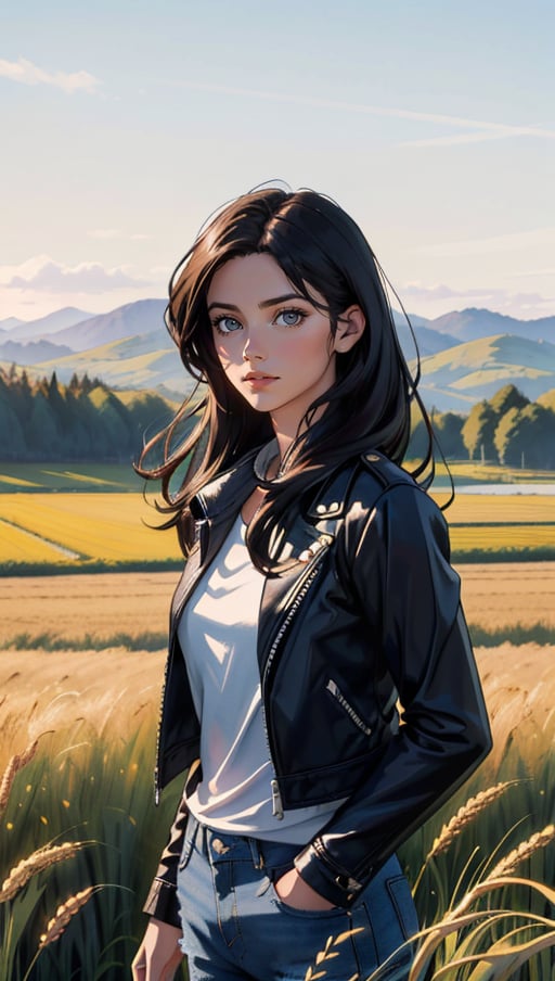 (best quality, masterpiece, highres:1.2), (Belén Rodríguez), long, straight hair, wearing leather jacket and ripped jeans, wheat field, picturesque, rural background, upper body shot,sharp, ultra realistic,  cinematic, blue and yellow:0.85), dim colors