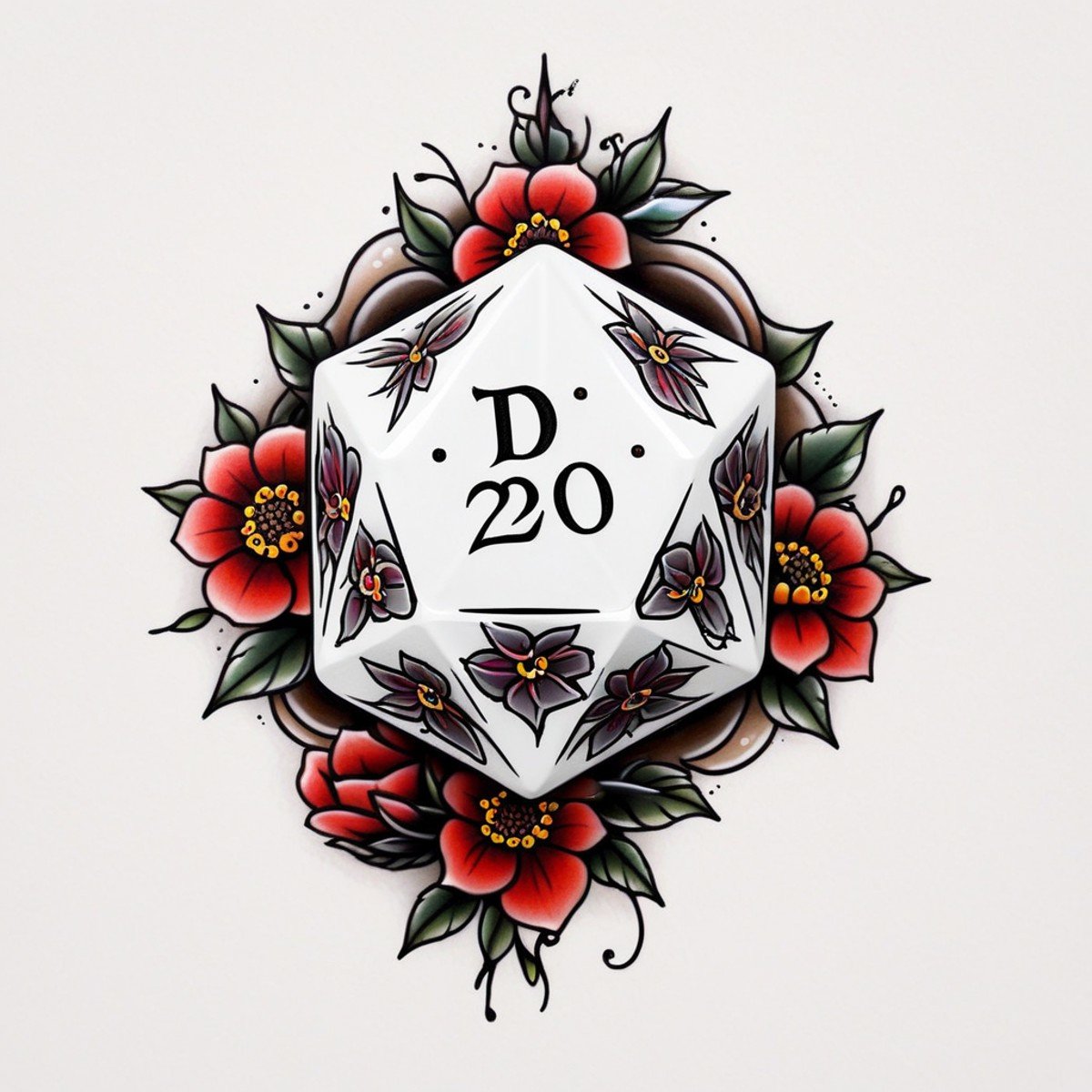 <lora:Traditional_Tattoos:0.65> D20 in style of tr4dt4t, traditional tattoo, white background,