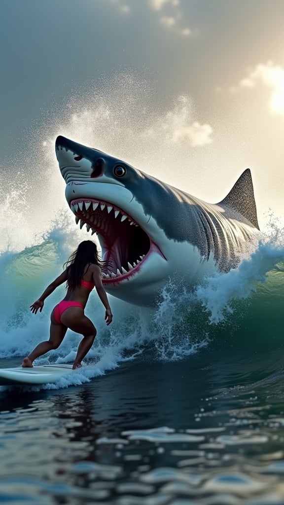 photo capturing the moment a woman surfer is attacked by a great white shark, shark biting the woman, shark breaching the sea, very detailed, (Use Dream Diffusion Secret Prompt), pain staking attention to details , UHD