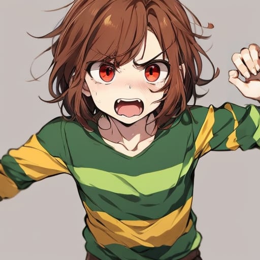 <lora:Chara_Undertale:1>, chara undertale, brown hair, red eyes, striped shirt, angry