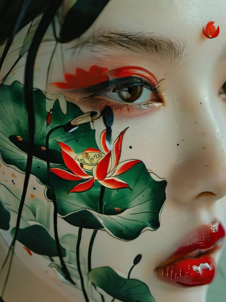 zhuangrong, 1girl, solo, hand-painted, lotus, lotus leaf, portrait, red lips, black hair, black eyes, looking at viewer, makeup, lips, close-up, realistic, lipstick, eyelashes,<lora:xlgfzr:1>,