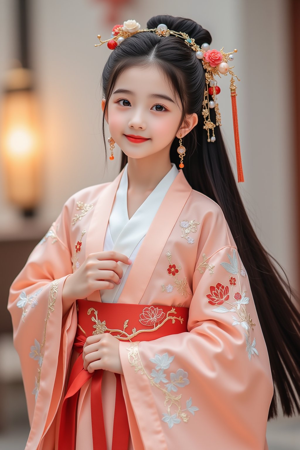 hanfu,1girl,solo,long hair,looking at viewer,smile,black hair,hair ornament,long sleeves,dress,brown eyes,closed mouth,flower,earrings,hair flower,blurry,lips,sash,blurry background,chinese clothes,realistic,hanfu,