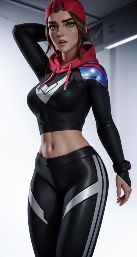 <lora:LoserFruit640:0.6> xyzloserfruit, 1girl, cap, portrait quality, beautiful eyes, ambient occlusion, 3d render, hoodie, dramatic, closeup, elated, cyber, midriff, leggings 