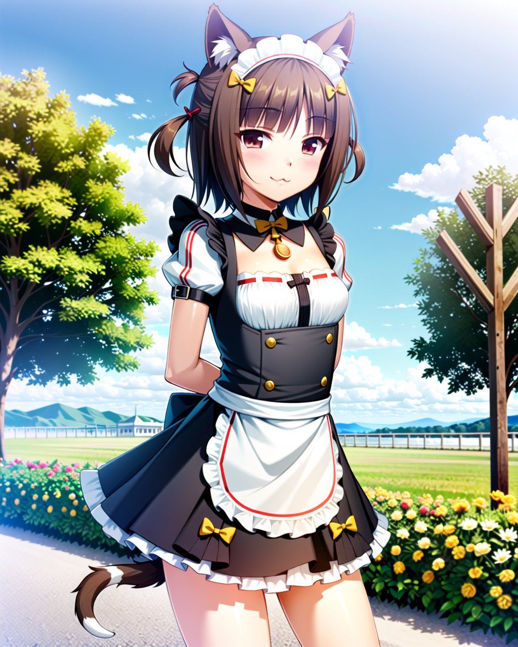 ((masterpiece)), ((best quality)), ((highres)), ((extremely detailed CG unity 8k wallpaper)), solo, <lora:azuki:0.8>, azuki_neko, azuki uniform, (striped tail), white apron, outdoors, :3, arms behind back