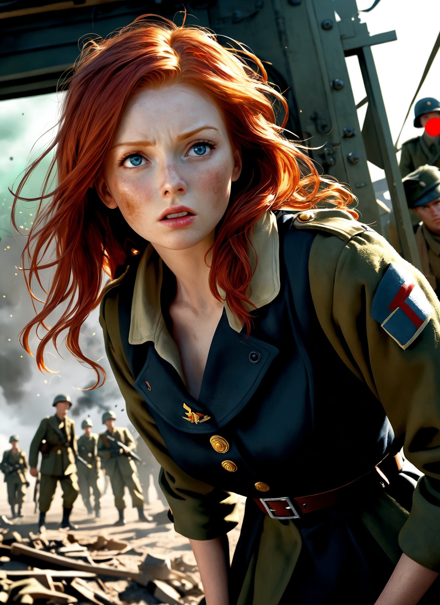 Wide angle photorealistic shot, (Enchanting redhead in wartime drama:1.3), Realistic chaos and conflict, Ray Tracing lighting effects, Detailed realism, (Intense wartime scene:1.2), Unembellished photography, Deep protagonist emotions, Raw authenticity, Top-grade photographic quality