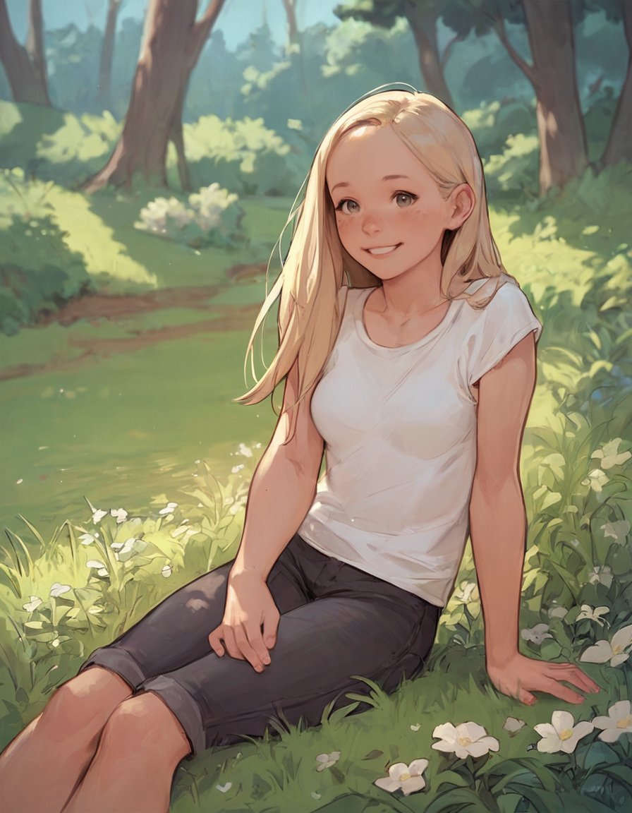 score_9,score_8_up,score_7_up,score_6_up,girl,smile,blonde hair,sitting,outdoor,grass,nature,sunny,summer clothes,little clothes,<lora:luimi_sdxl_v0.1:0.7>