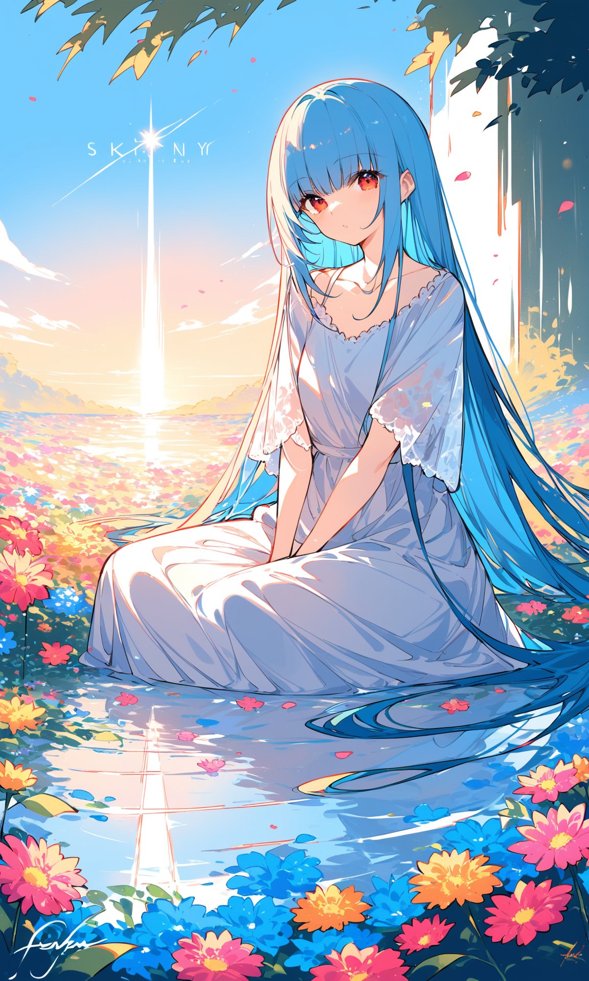 best quality,masterpiece,illustration,(reflection light),incredibly absurdres,(Movie Poster),(signature:1.3),(English text:1.3),1girl,girl middle of flower,pure skyblue hair,red eyes,clear sky,outside,collarbone,sitting,absurdly long hair,clear boundaries of the cloth,white dress,fantastic scenery,ground of flowers,thousand of flowers,colorful flowers,flowers around her,various flowers,