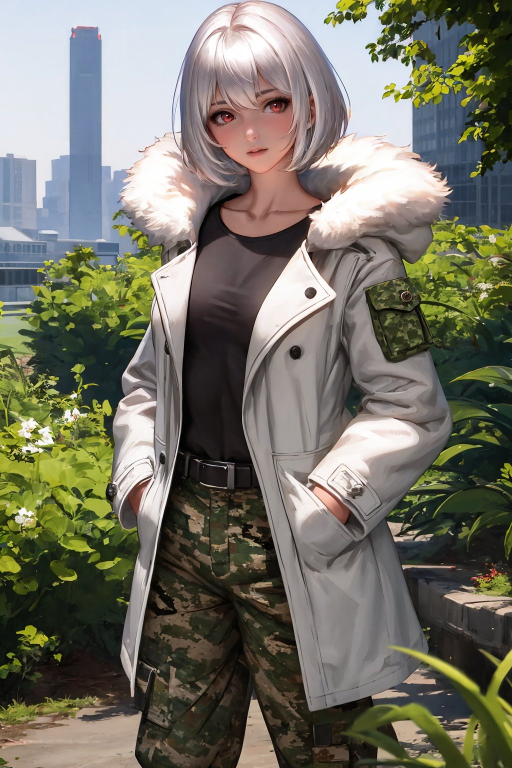 (masterpiece, best quality:1.2), <lora:liangxing:1>, liangxing, 1girl, solo, pants, red eyes, short hair, belt, black shirt, camouflage, looking at viewer, shirt, hands in pockets, coat, white hair, camouflage pants, green coat, fur trim, collarbone