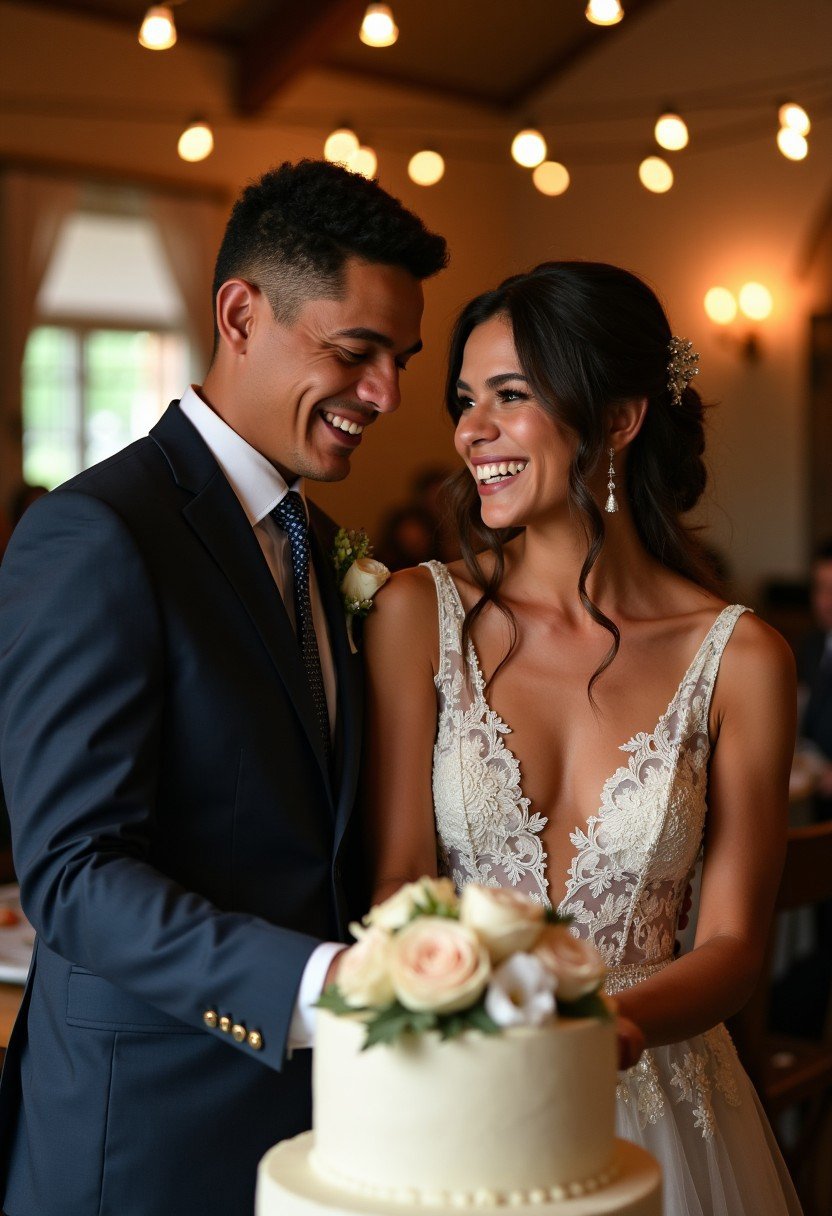 @carlosmanuelpe2 (40) "A highly detailed and realistic photograph of a bride and groom cutting their wedding cake, captured with a Canon EOS R5 camera and a RF 50mm f/1.2L lens. The image features natural, warm lighting that softly illuminates their joyful expressions and the intricate details of the bride's lace dress and the groom's suit. The setting is a cozy indoor venue with soft bokeh in the background from string lights, creating a warm and intimate atmosphere. The wedding cake is beautifully decorated with white frosting and delicate flowers, enhancing the elegance of the moment.