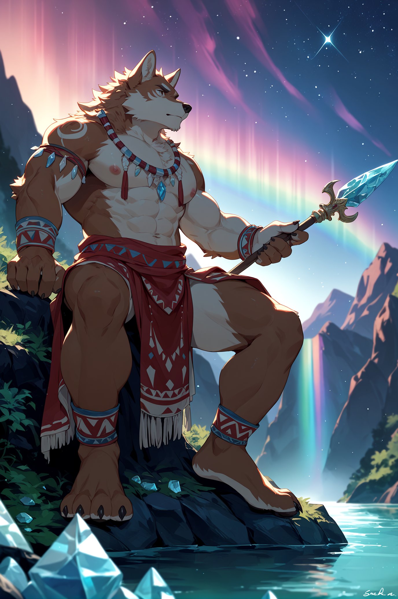 score_9,score_8_up,score_7_up,furry,kemono,high quality,full body,tail,furry,rating_explicit,embedding:zPDXL3 BREAK anthro male furry,8k,masterpiece,sexy,(rainbow gradient bioluminescent dress),(starry night background),nebula,aurora,((outdoors)),dark background,from below,Sitting person looks up,gray wolf,spear,Tribal style clothes,clear river,ice cave,purple sunset,