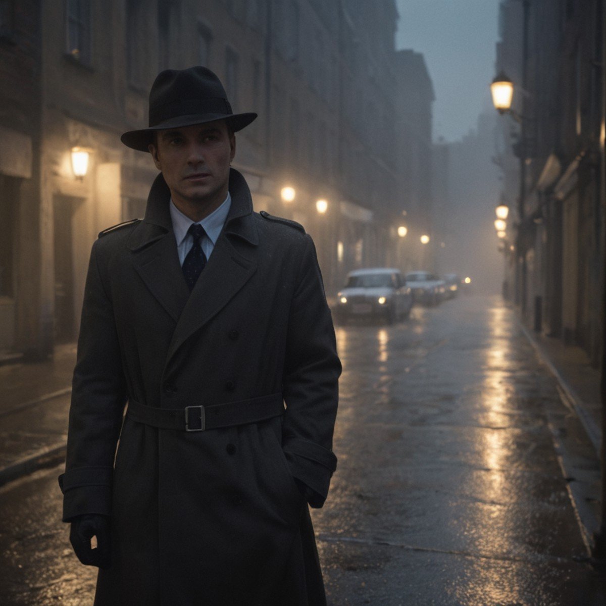 (film noire), city, night, [rain], [fog], trench coat, fedora, private detective, [murder mystery], suspense, femme fatale, dark alley, vintage cars, old street lamps, [smoke], [cigarette],((face closeup))