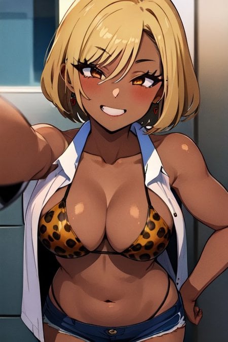 (best quality, high quality:1.2, best detail, absurdres, masterpiece), ButaAI 1girl, short hair, muscular, lean, smile, delinquent, gyaru, portrait, Tied shirt, Open clothes, Leopard print, Bikini, Microskirt, Swimsuit, Shorts, sexy, large breasts, skindentation, OverallDetail, perfect face and body, <lora:ButaAI3:1.0>