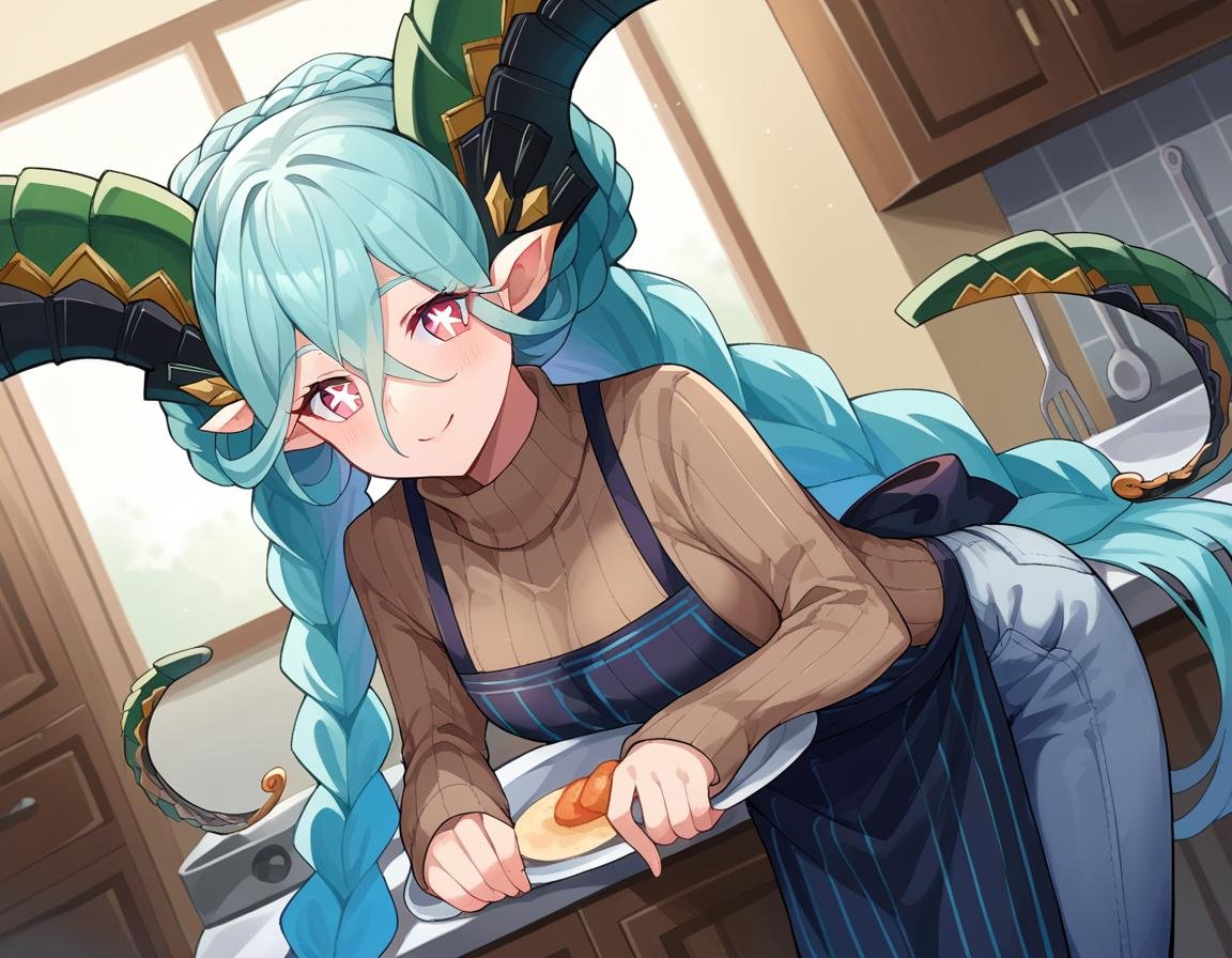 score_9, score_8_up, score_7_up, source_anime,fatetiamat, <lora:fate-tiamat-ponyxl-lora-nochekaiser:1>,tiamat, absurdly long hair, aqua hair, braid, curled horns, gradient hair, horns, long horns, multicolored hair, pink eyes, pointy ears, symbol-shaped pupils, twin braids, x-shaped pupils,apron, black apron, brown sweater, ribbed sweater, sweater, turtleneck, turtleneck sweater, pants, denim,indoors, kitchen, bent over, smile,looking at viewer, cowboy shot, dutch angle,