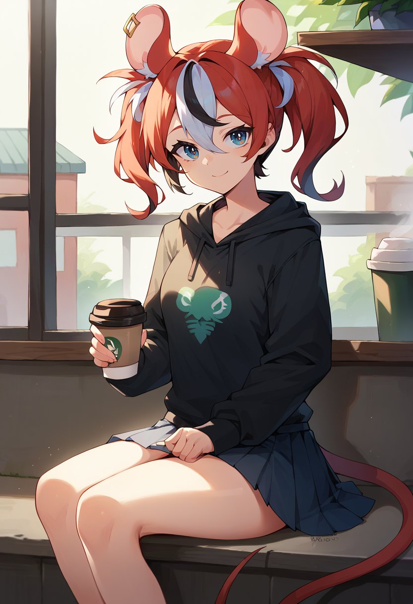 score_9, score_8_up, score_7_up, HakosBaelz, twintails, mouse tail, sitting, coffee shop, hoodie, pleated skirt, smile, <lora:HakosBaelzPDXL-000009:1>