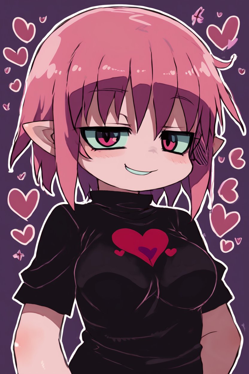 <lora:Zankuro_Style_Pony:0.8>, ((masterpiece,best quality)), absurdres, medium breasts, smile, smug, deathlock-san, 1girl, short hair, pink hair, pointy ears, black shirt, upper body, hearts,