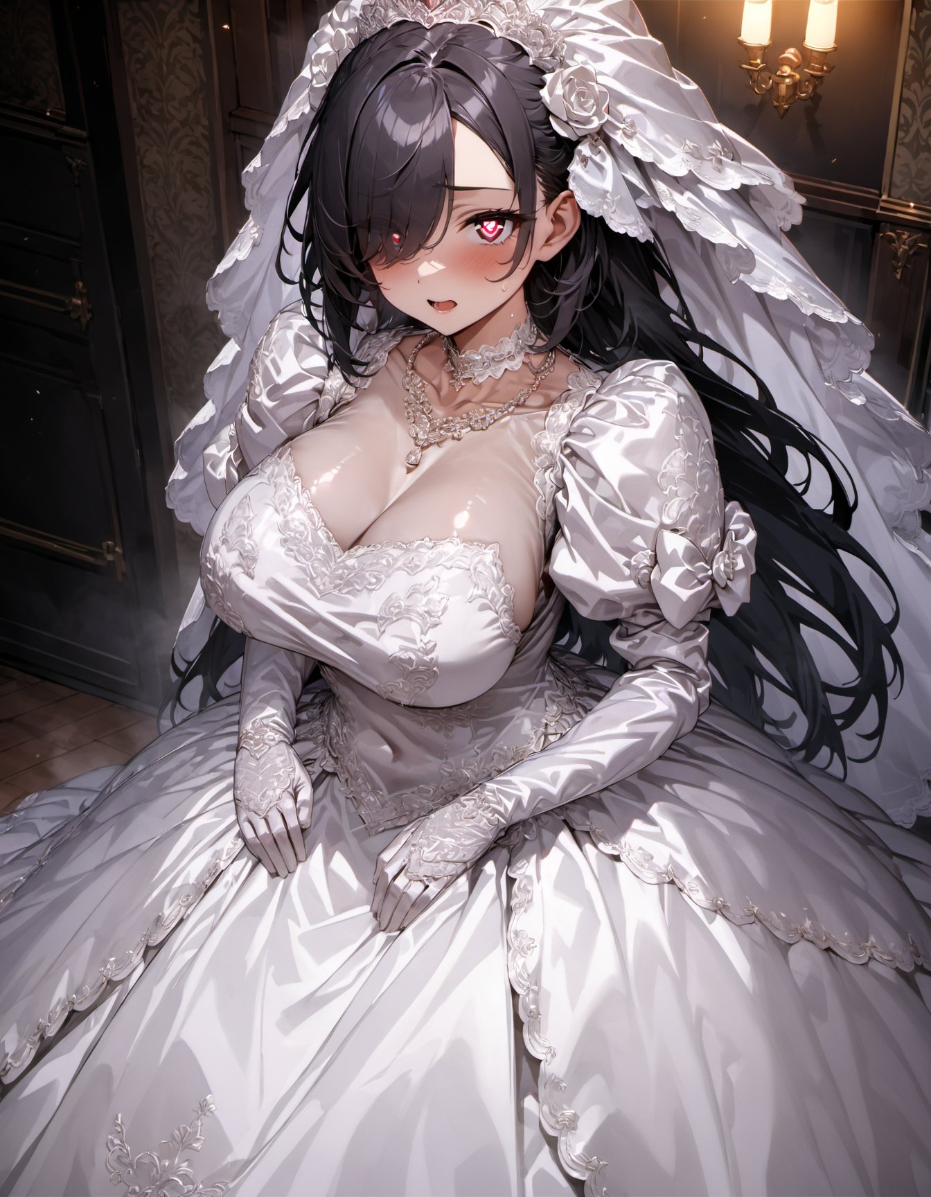 ultra-detailed, masterpiece, best quality, wallpaper, 8k, pixiv,standing, (solo, 1milf, over 30 ages), princess, bride(breast, thigh: 1.1),black hair, shiny hair, hair over one eye,tsurime, shiny eye, heart-shaped pupils,(over skirt, tiala, bridal vail,), (white metalic satin),(white background:1.1), <lora:Wedding_Dress_v2:1> wedding dress, , lace trim, choker, necklace, long dress, lace gloves, juliet sleeves, puffy sleeves, long sleeves,
