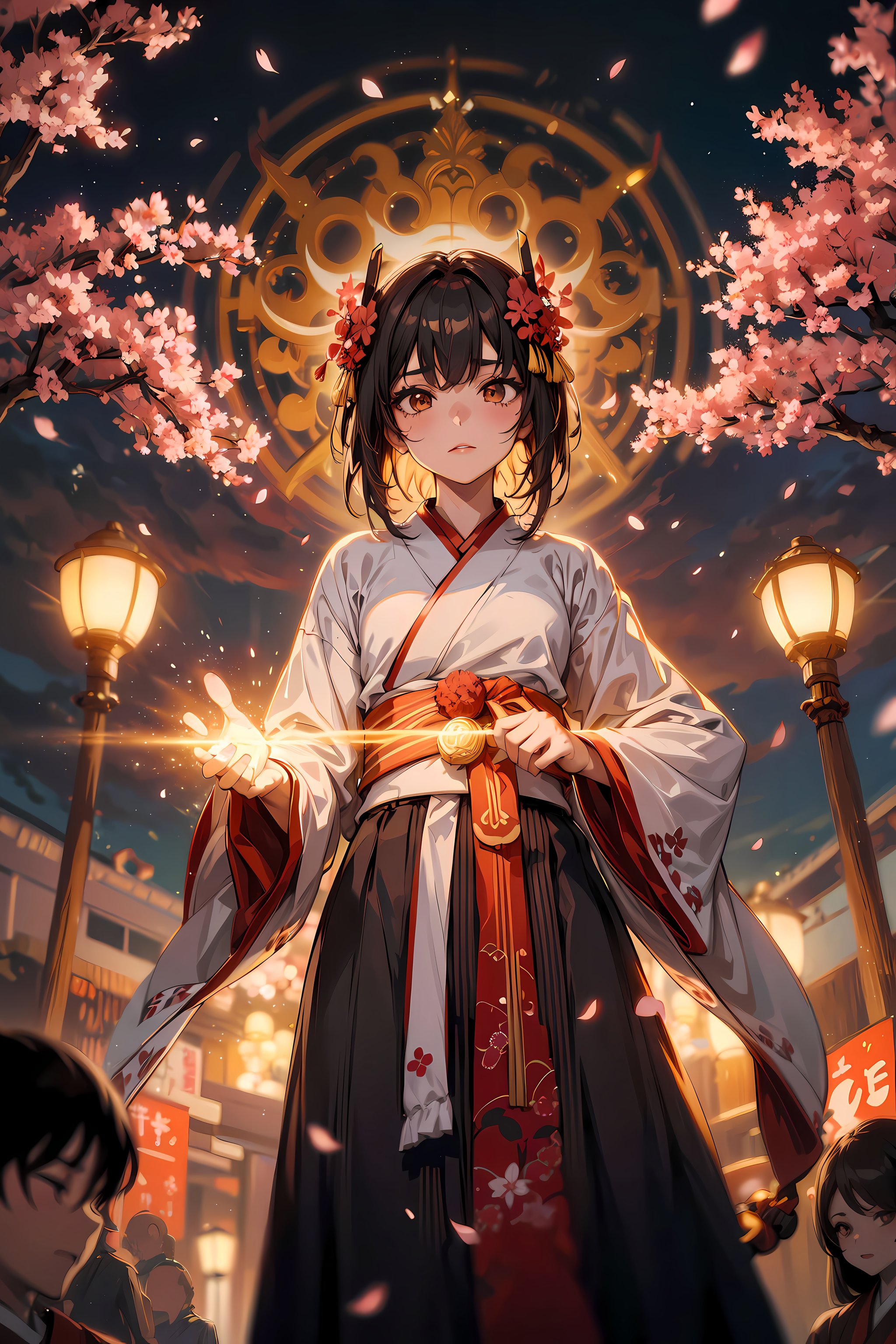 1girl, scenery, (depth of field, blurry foreground, blurry background), dark lighting, volumetric lighting, glowing particles, light particles, dimmed lighting, (intricate details), clouds, from below, hanfu, golden portal, hanabi taikai, omatsuri, sakura cherry blossoms, holding weapon, sarashi, open chest