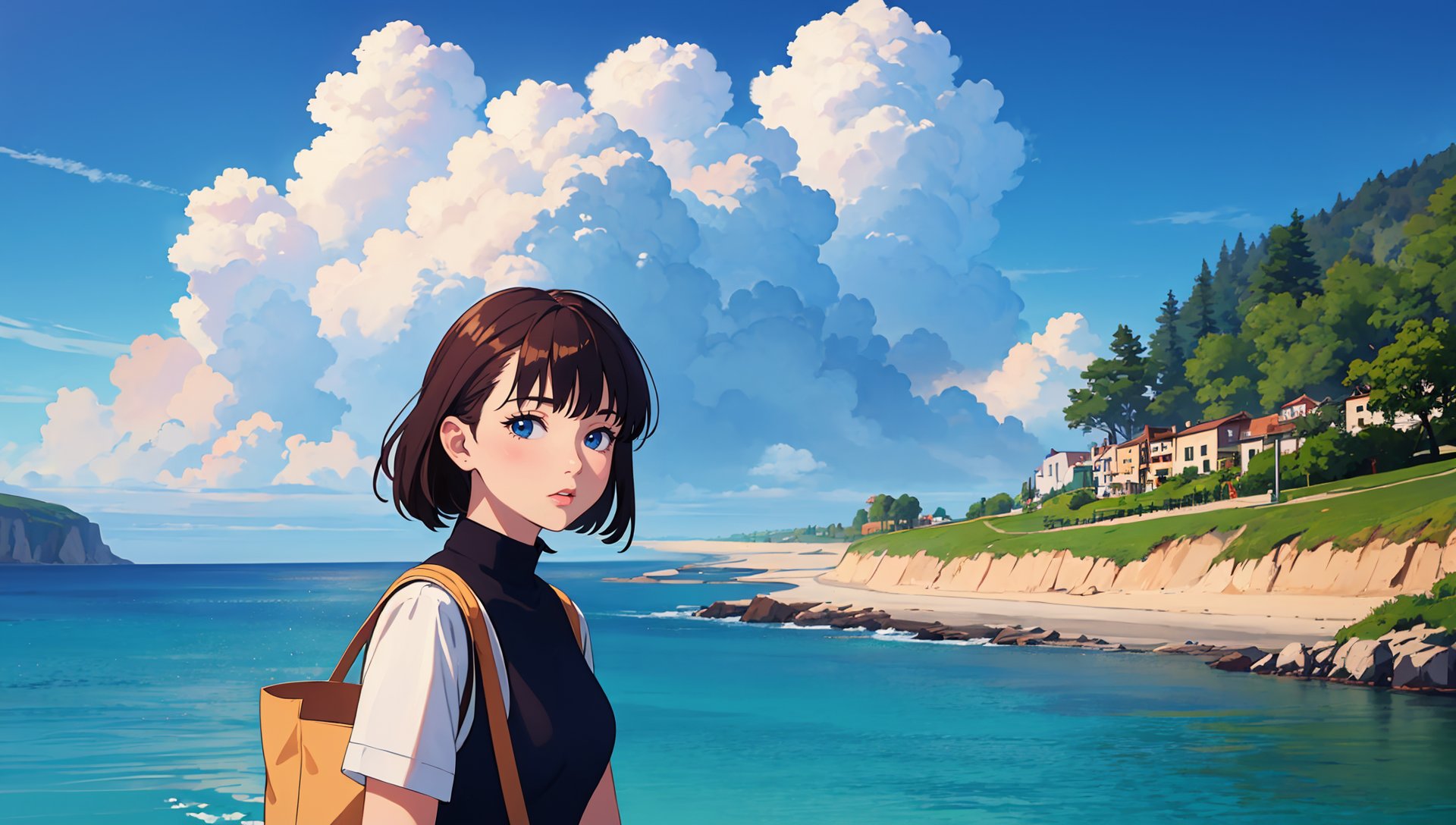 (best quality:1.4),(masterpiece:1.4),(8K:1.4),(extremely detailed:1.4),1girl,bag,blue sky,sea,cloud,cloudy sky,day,flower,