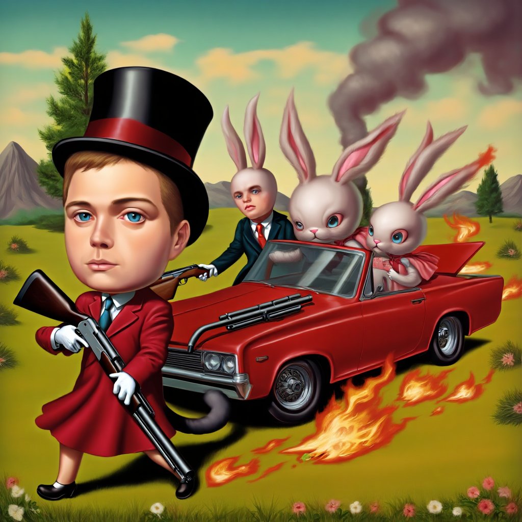 1girl,short hair,blue eyes,brown hair,gloves,1boy,hat,dress,holding,animal ears,jacket,tail,weapon,flower,outdoors,multiple boys,necktie,sky,artist name,cloud,signature,2boys,holding weapon,rabbit ears,tree,gun,parody,formal,red dress,suit,grass,fire,ground vehicle,instrument,holding gun,motor vehicle,rifle,furry,smoke,top hat,mountain,car,shotgun lowbrow art style, surreal,<lora:LowBrowF1D:1>