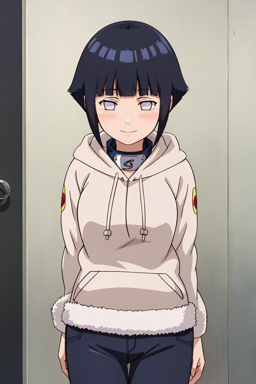 hinata, 4k, absurd, high resolution, very high resolution, high definition, masterpiece, anime_source, short hair, black hair, no pupils, blunt bangs, shiny hair, white eyes, hoodie, hood down, long sleeves, pants capri,hands behind back, blush, smile, upper body, arms in V, embarrassed, blushing<lora:EMS-383008-EMS:0.800000>