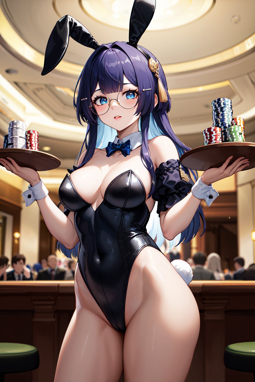 masterpiece, best quality, highres, aapela, long hair, hair ornament, glasses, <lora:pela_v1:0.7>, rabbit ears, leotard, playboy bunny, detached collar, casino, holding tray, 