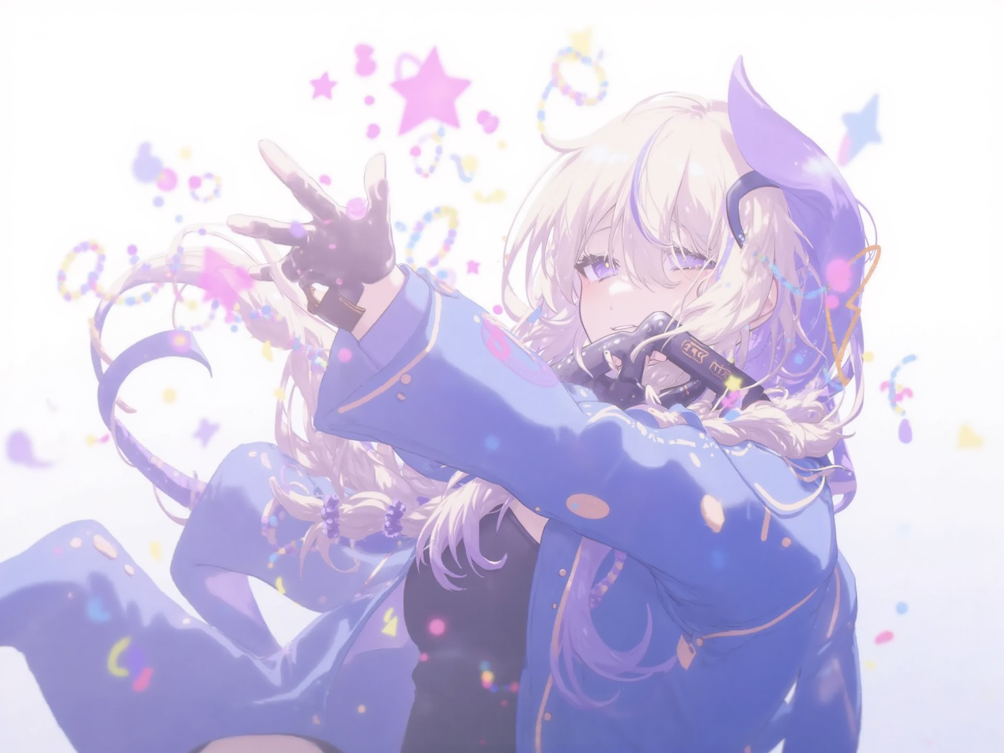 1girl,    blue jacket, long hair, yellow eyes, long sleeves, arm tattoo, black camisole, breasts, eyepatch lift, white background, streaked hair, jacket, smile, single braid, tongue out, gloves, character name, virtual youtuber, finger gun, closed mouth, braid, looking at viewer, camisole, ear piercing, blonde hair, multicolored hair, shirt, hair bun, piercing, :p, purple hair, fingerless gloves, tattoo, chain, black shirt, black gloves, official alternate costume, star \(symbol\), two-tone hair, off shoulder, single side bun, solo, cone hair bun, upper body, tongue, jacket partially removed, collar <lora:Yajiang-000109:1>