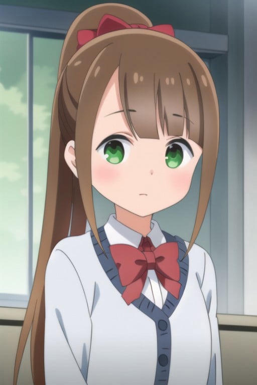 (masterpiece),honshou aru, long hair, brown hair, ponytail, green eyes, 1girl, solo,  hair ornament, bow, fur trim, blush, upper body, looking at viewer, hair between eyes