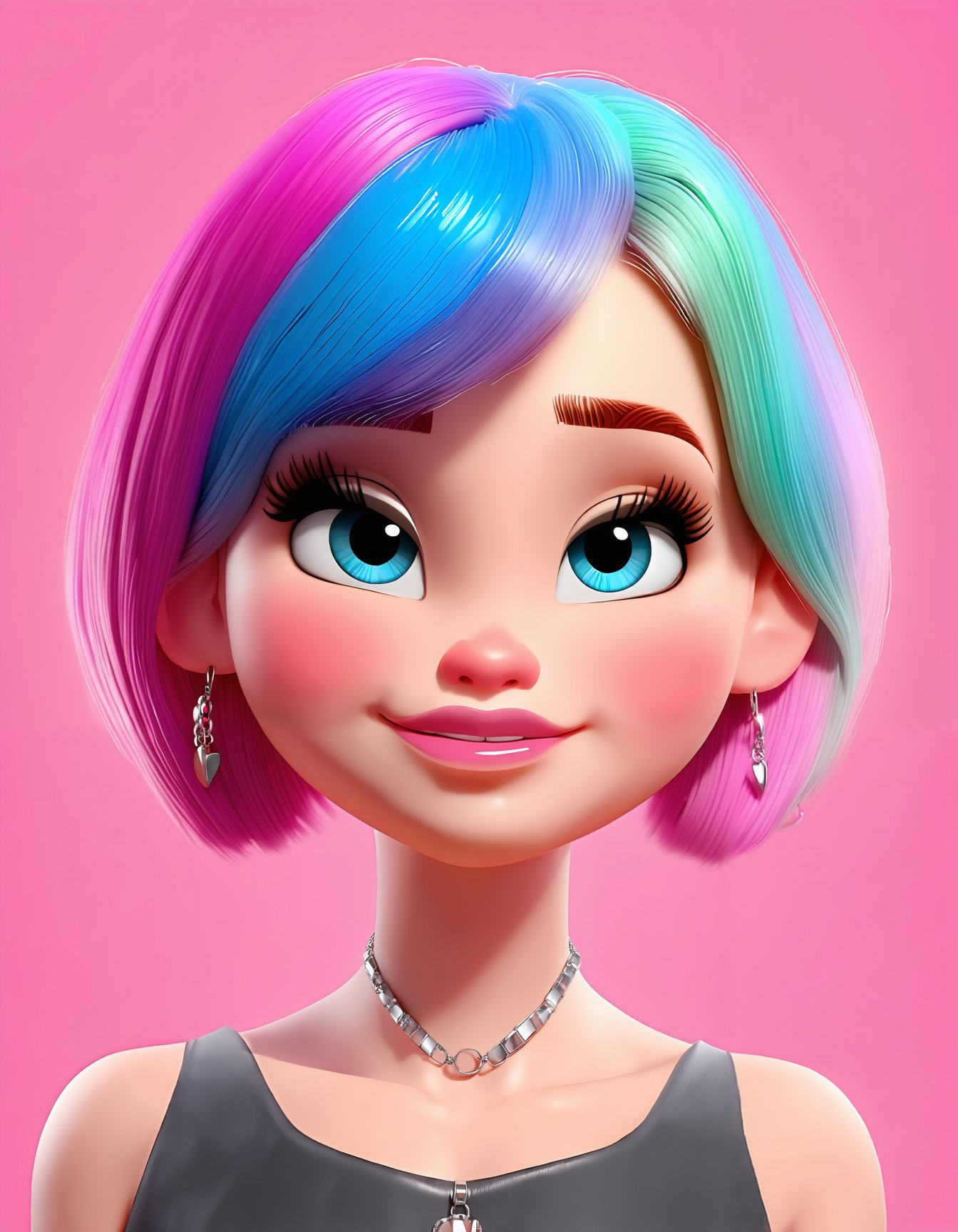 3D cartoon, cartoon style, 3D render, 1girl, looking at viewer, short hair, blue eyes, simple background, closed mouth, jewelry, blue hair, pink hair, multicolored hair, earrings, eyelashes, lips, makeup, pink background, portrait, SD3_cartoon_ep10.safetensors