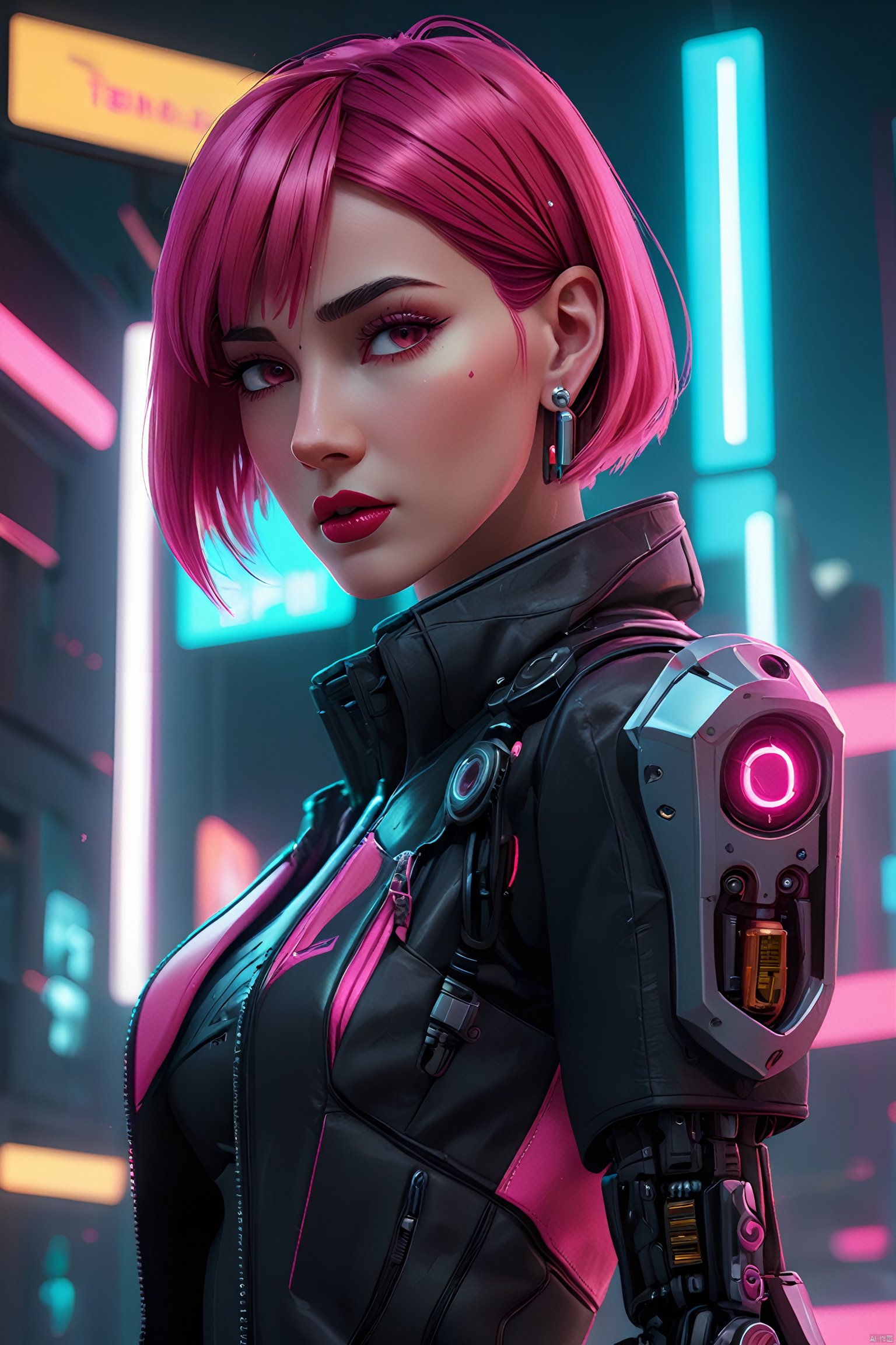 Anime Artwork Lucy (Cyberpunk),  Pink Short Hair,  Pink Eyes,  Red Lips,  Leather Skirt,  Punk Stud Earrings,  Bossy,  Brave,  Key Visual,  Vibrant,  High Detailed,  Illustration,  Short Straight Hair,  Futuristic,  NFT Art,  Solid Color Background,  Robotic Arm,  Cartoon Coloring,  Tendal Effect. Non-Realistic Rendering Transparency,  Color Tilt,  Animation,  Blender Geometry Art,  Intrlligence 4k Image,  Epic,  Cinematic Effects,  Neon Cold Pounding,  Octane Rendering,  OC,  8k