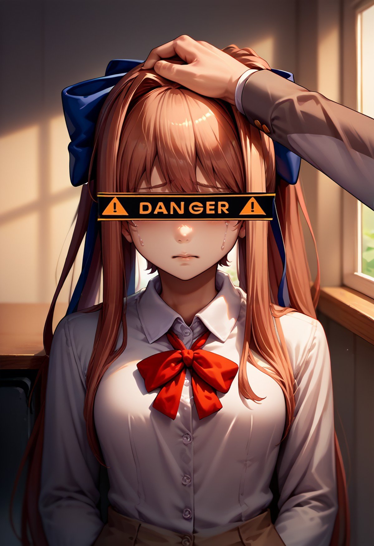 score_9, score_8_up, score_7_up, source_anime, headpat, pov hands, <lora:Headpat_XLPD:1>, indoors, 1girl, upper body, <lora:DangerEyeCensor_XLPD:1.2> DangerCensor, identity censor, monika \(doki doki literature club\), crying, school uniform, 