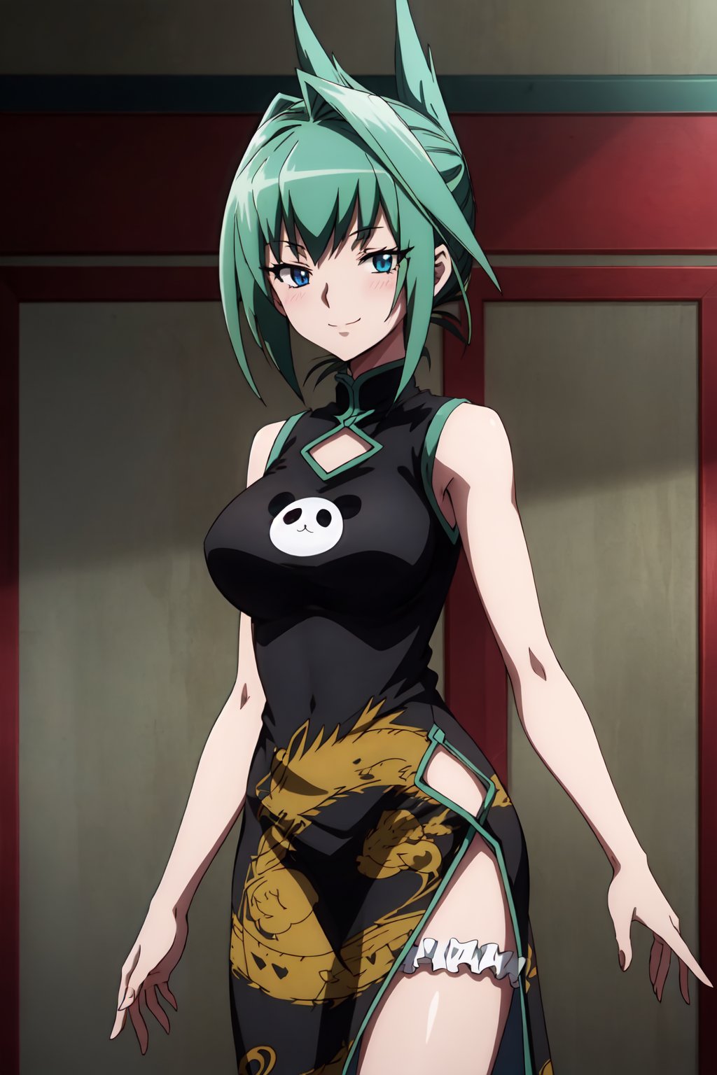 TaoJun, 4k, absurd, high resolution, very high resolution, high definition, masterpiece, green hair, chinese clothing, chinese dress, dress, bare shoulders, sleeveless, black dress, big breasts, long hair, sleeveless dress, folded ponytail, blue eyes, looking_at_viewer, smile, blush, standing<lora:EMS-390424-EMS:0.800000>