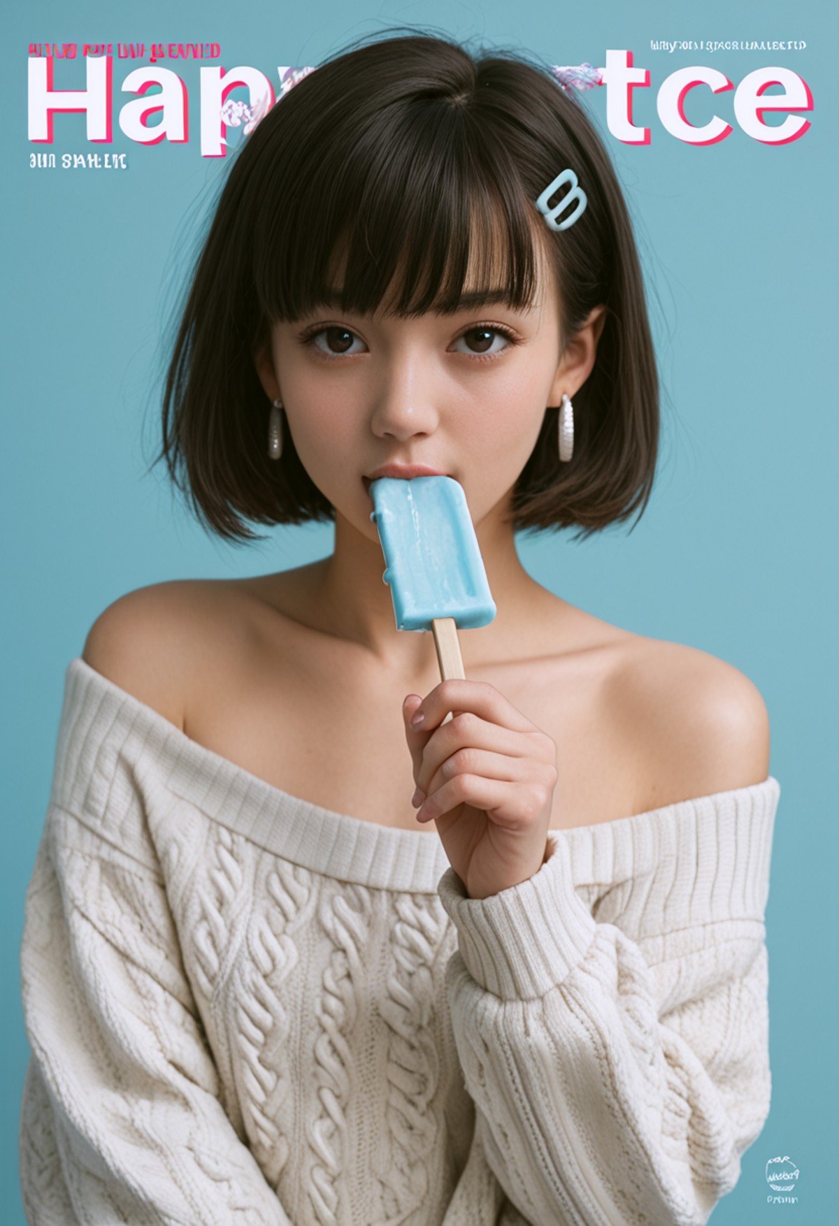 score_9, score_8_up, score_7_up, score_6_up, BREAK , source_real, raw, photo, realistic BREAK 1girl, solo, looking at viewer, short hair, bangs, black hair, hair ornament, jewelry, upper body, earrings, food, hairclip, off shoulder, mole, sweater, english text, mole under eye, blue background, mouth hold, cover, popsicle, retro artstyle, food in mouth, off-shoulder sweater, album cover, magazine cover, fake cover