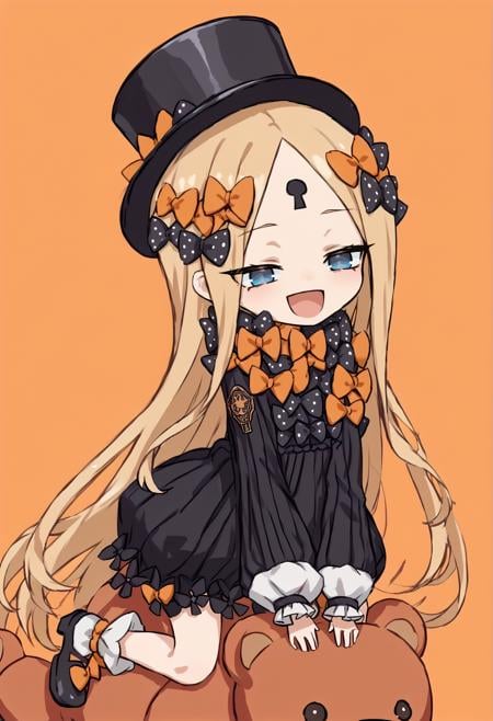 ^_^, closed eyes, open mouth, smile, riding, chibi, 1girl, blonde hair, long hair, blue eyes, forehead, sidelocks, parted bangs, hair bow, polka dot bow, orange bow, black dress, long sleeves, sleeves past wrists, sleeves past fingers, bloomers, hat, simple background, orange background, teddy bear <lora:rabbit_hole:1> <lora:abby_xl:1> spring \(object\),, score_9, score_8_up, score_7_up, score_6_up, score_5_up, score_4_up, BREAK source_anime, masterpiece