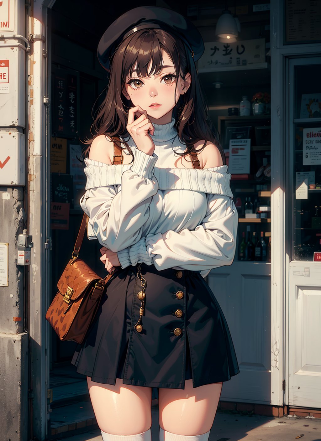 masterpiece, best quality,1girl, bag, upper_body, street, bangs, bare_shoulders, beret, black_footwear, black_headwear, brown_eyes, brown_hair, closed_mouth, handbag, hat, holding, long_hair, long_sleeves, looking_at_viewer, off_shoulder, shoes, skirt, sleeves_past_wrists, socks, solo, sweater, white_legwear